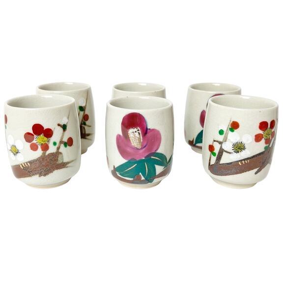 Hand Glazed Hand Painted Taupe Floral Sake Set of 6 - Picture 1 of 14